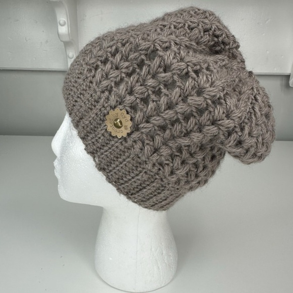 Created by Cyd Womens Crochet Slouchy Beanie Taupe Merino Wool Knit‎ Hat NEW